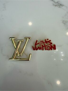 Beautiful Hand Crafted Gold Monogram Pin with Red Script Accent